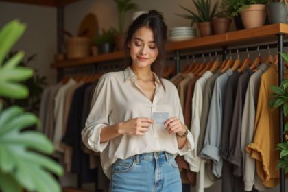 Jeune femme examinant l'étiquette d'un vêtement écologique