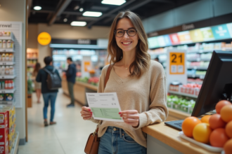Femme souriante tenant un bon cadeau Cadhoc dans un supermarche