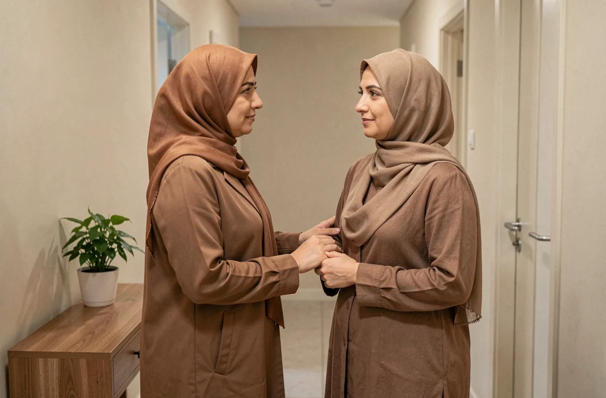 Deux femmes échangeant des condoléances islamiques dans un couloir d'appartement avec geste de réconfort