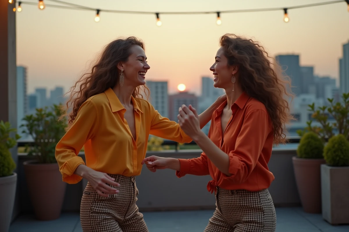 Deux femmes dansant sur un toit urbain en soirée