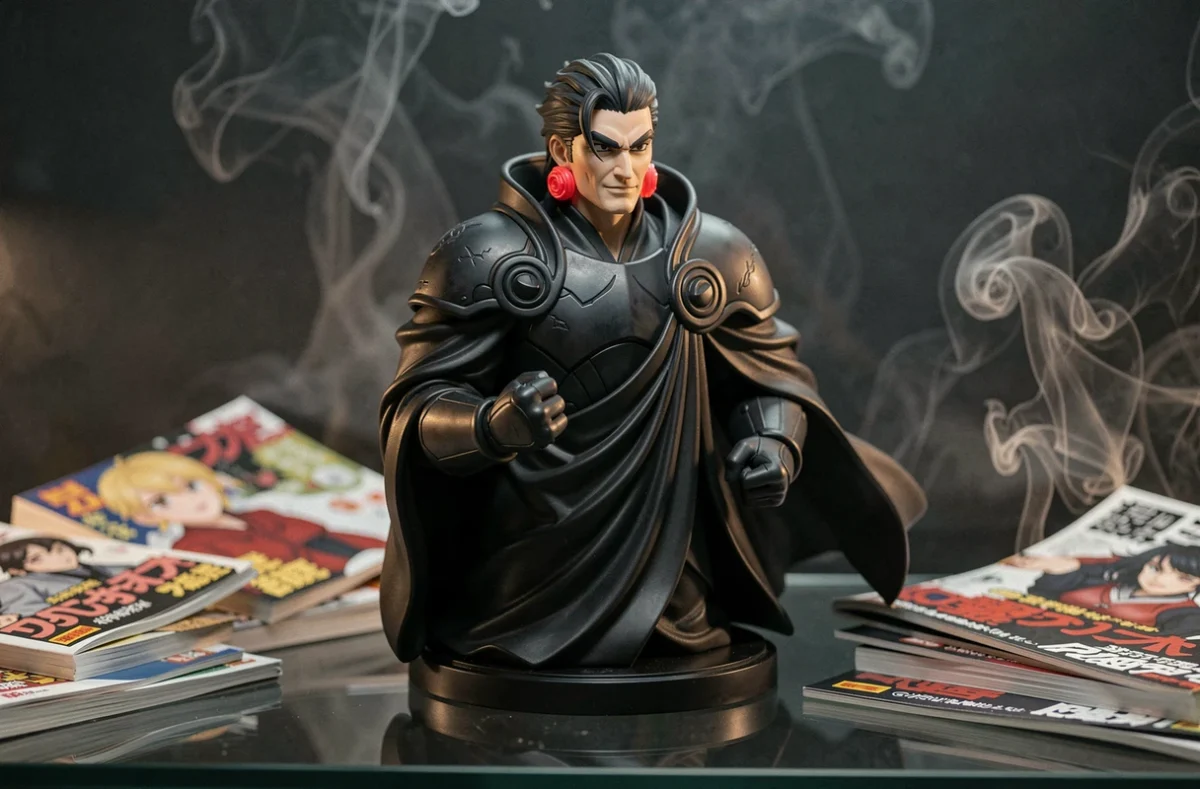 Figurine détaillée d'un guerrier anime maléfique en robe noire exposée dans un studio de collectionneur entourée de pages de manga