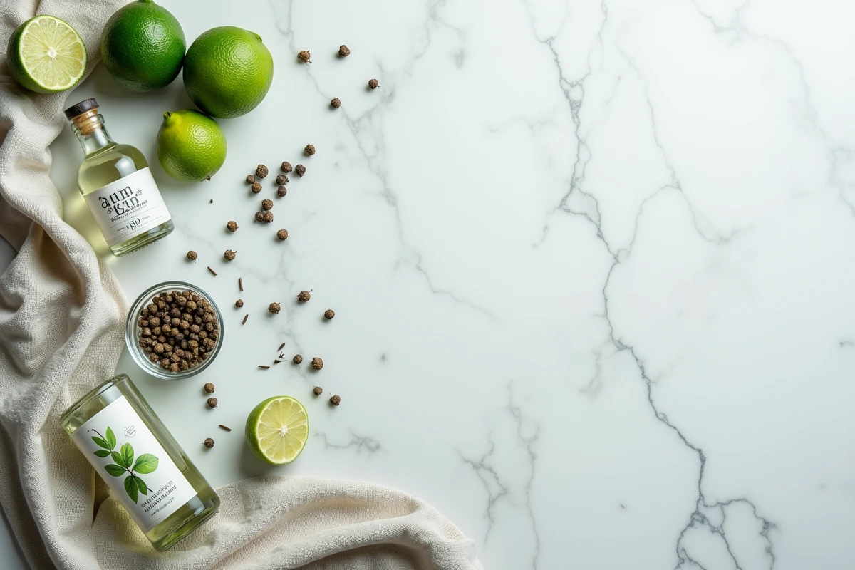 Vue de dessus d'une bouteille de gin sec entourée de citrons verts coupés, baies de genièvre et épices botaniques sur marbre blanc