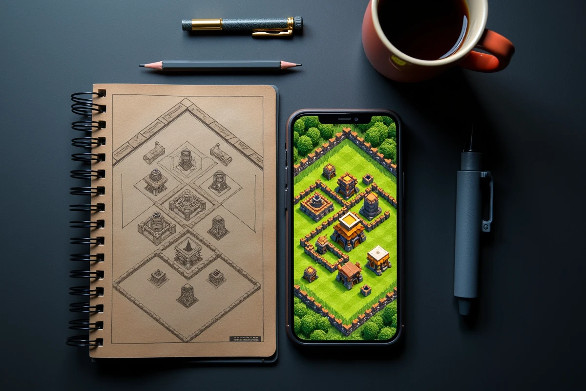 Vue du dessus d'un smartphone avec une composition HDV 12 Clash of Clans entourée de notes de stratégie sur un bureau