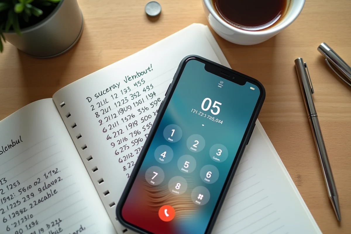 Vue de dessus d'un smartphone affichant un numéro en 05 posé sur un bureau avec un carnet de notes manuscrites