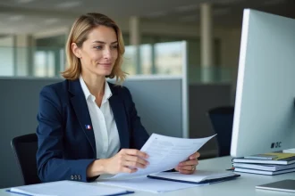 Fonctionnaire de catégorie C examinant sa fiche de paie dans un bureau administratif
