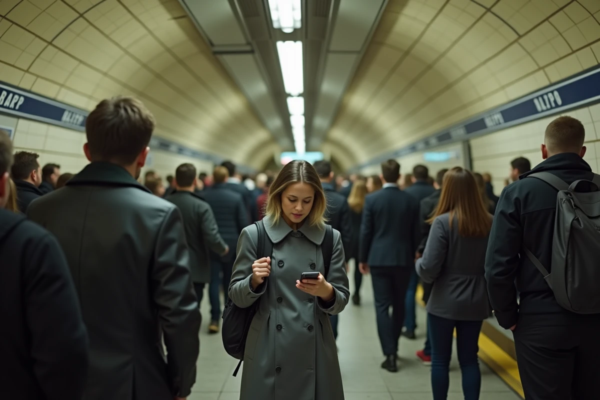 Foule dense sur un quai de métro RATP à Paris pendant les heures de pointe, passagers attendant la rame