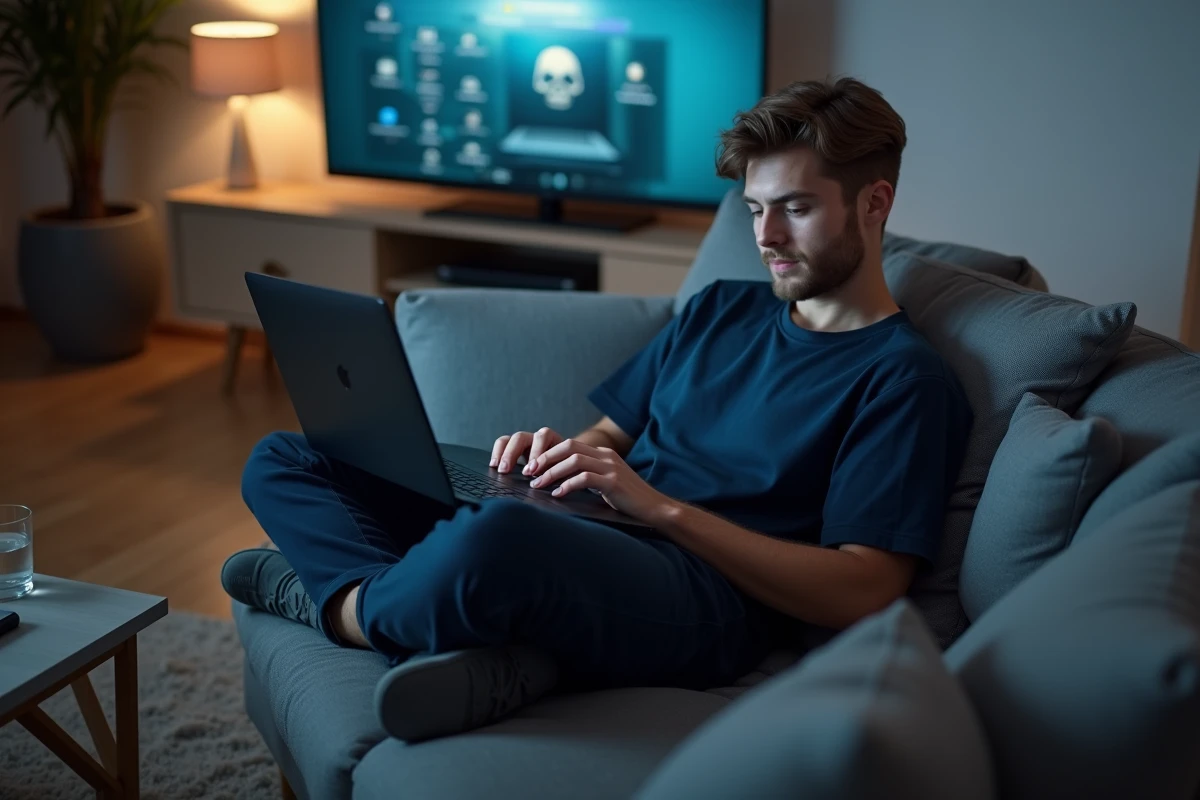 Homme utilisant un ordinateur portable sur un canapé pour gérer les mods de Les Sims 4