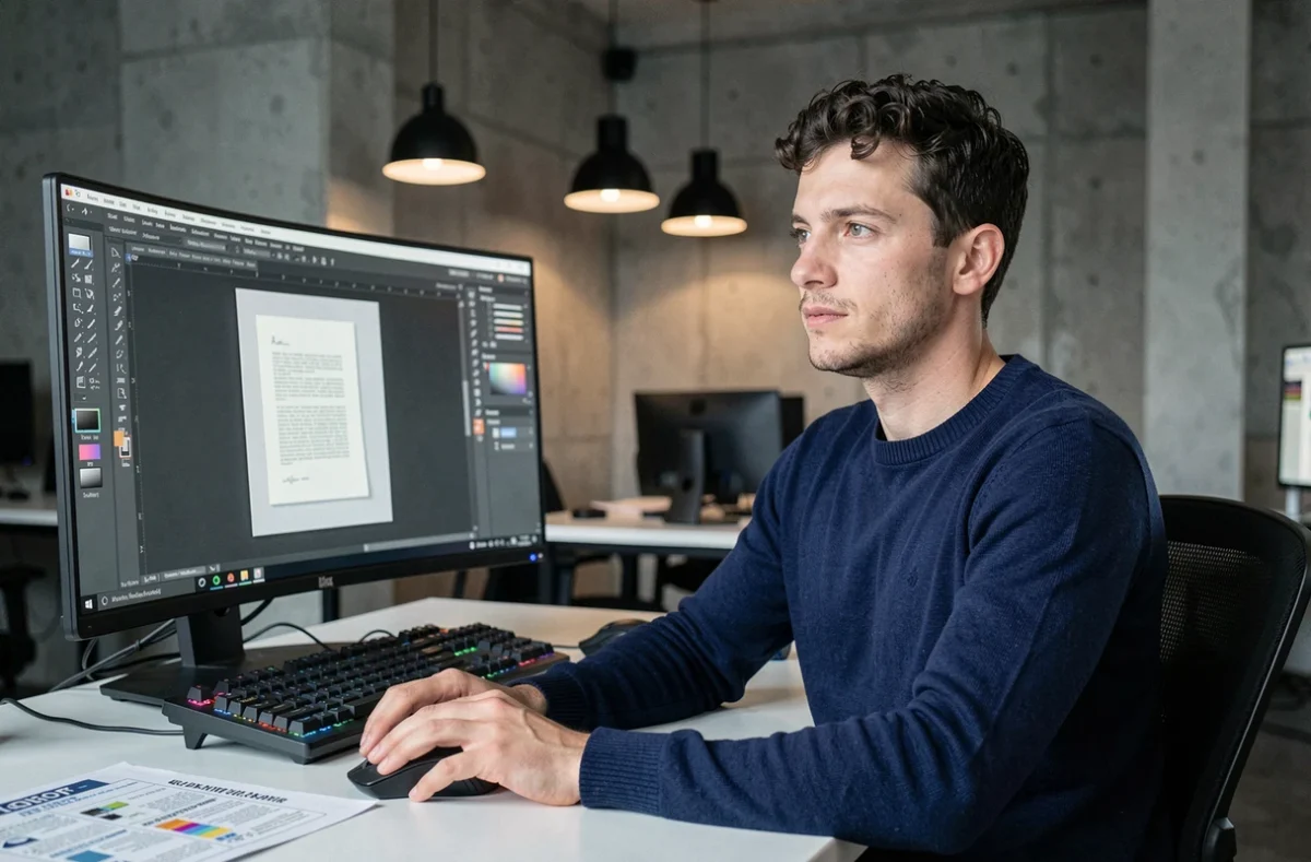 Graphiste vérifiant les dimensions en pixels d'un document A4 sur un écran de design