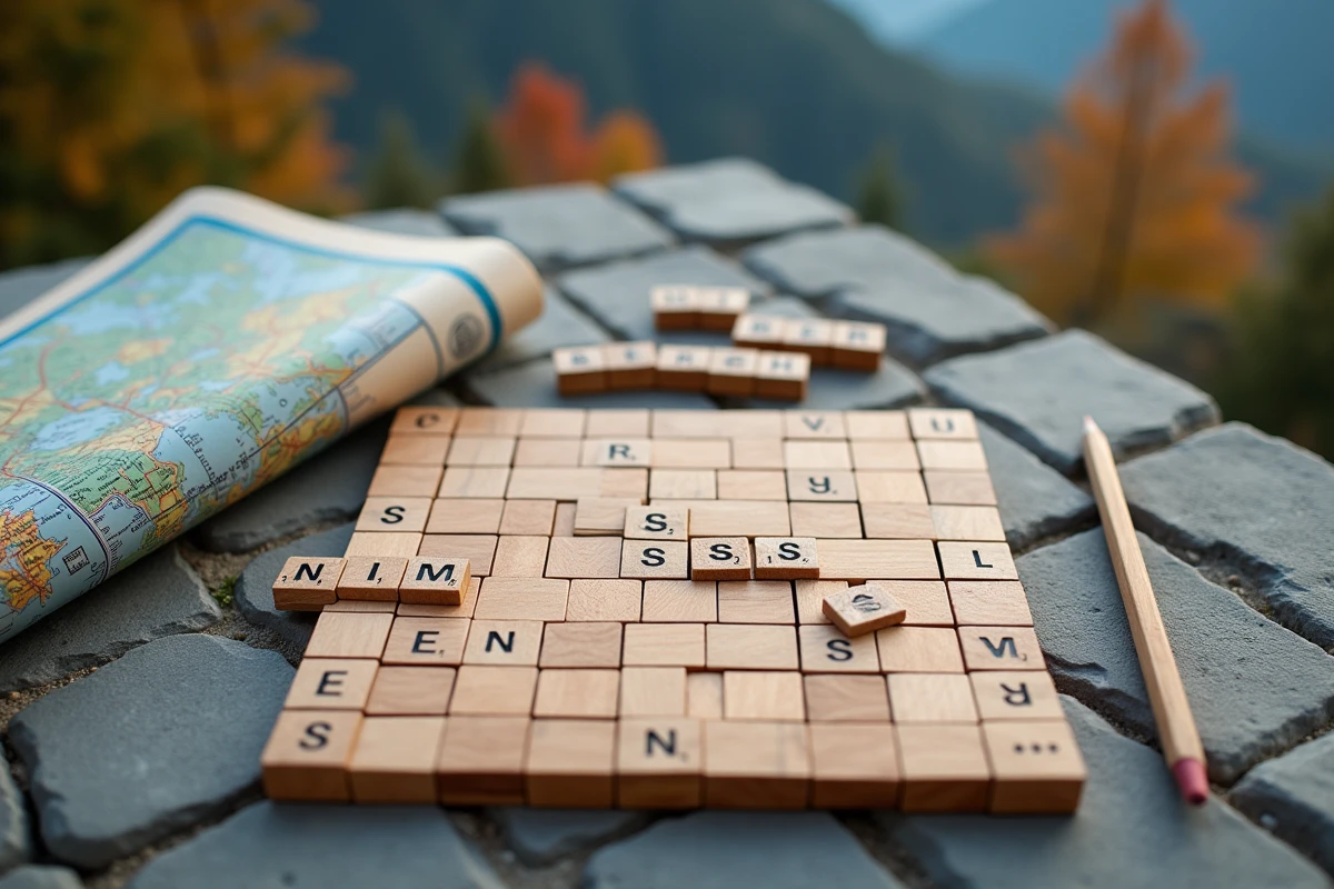 Grille de mots fléchés avec noms de cantons suisses en lettres de bois sur une surface en pierre alpine