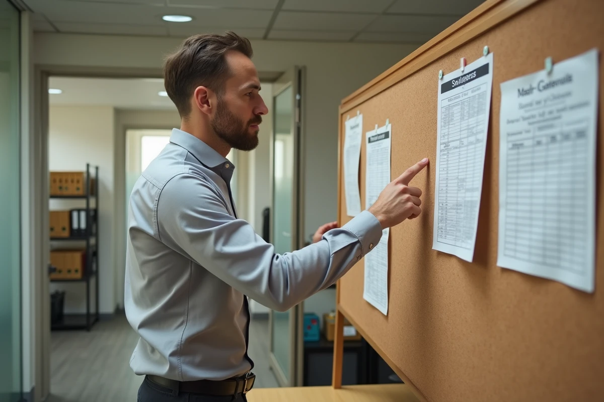 Agent de la fonction publique consultant une grille salariale de catégorie C dans un bureau municipal