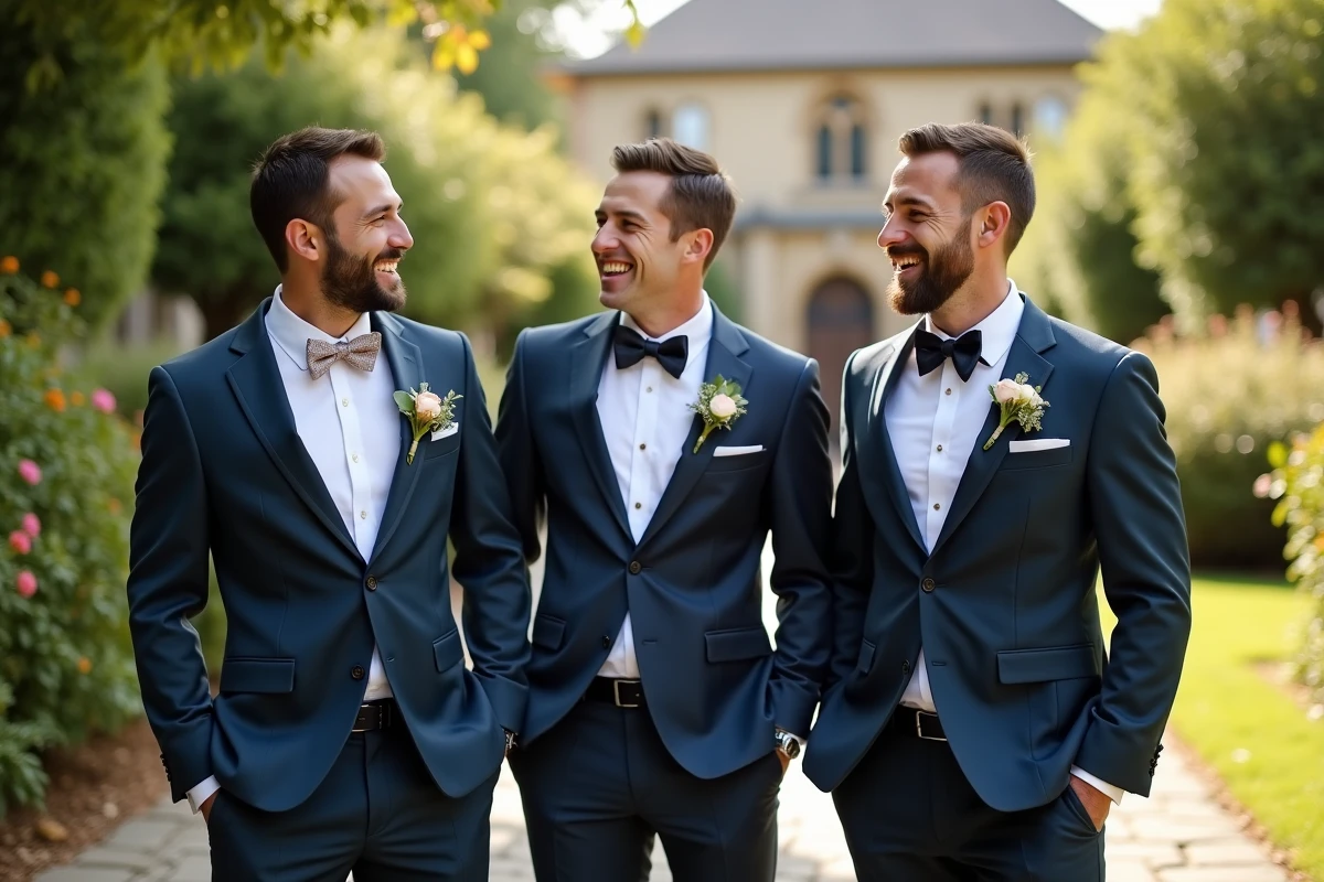 Groupe de témoins en costume avec nœuds papillon dans un jardin ensoleille