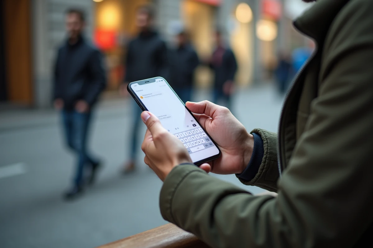 Gros plan de mains envoyant un SMS anonyme sur smartphone en extérieur