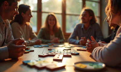 Groupe d'amis jouant au Rummikub dans une ambiance chaleureuse