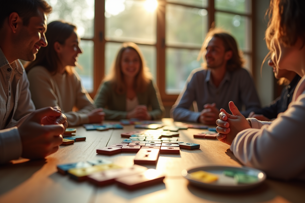 Groupe d'amis jouant au Rummikub dans une ambiance chaleureuse