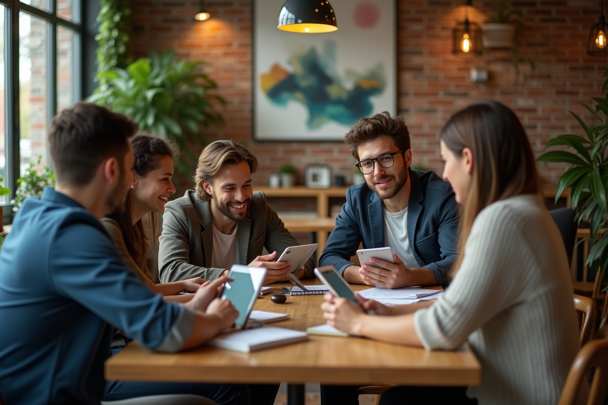Groupe de jeunes discutant autour d une table au cafe
