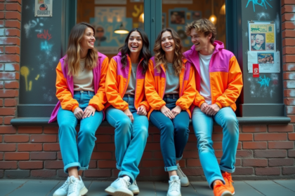 Groupe de jeunes adultes en mode années 80 dans la rue