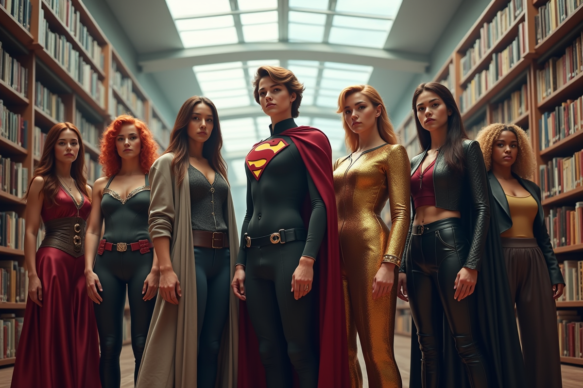 Groupe de personnages divers dans une bibliothèque lumineuse