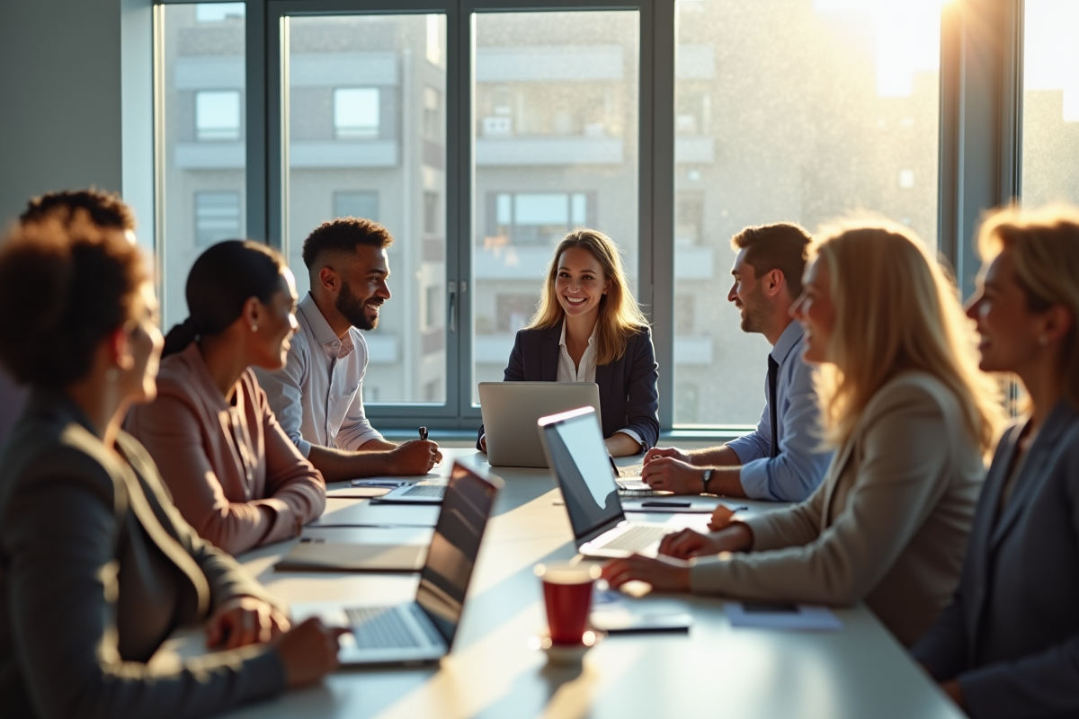 Groupe de professionnels divers dans un bureau lumineux