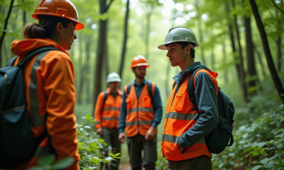 Groupe de professionnels en environnement dans une forêt verte