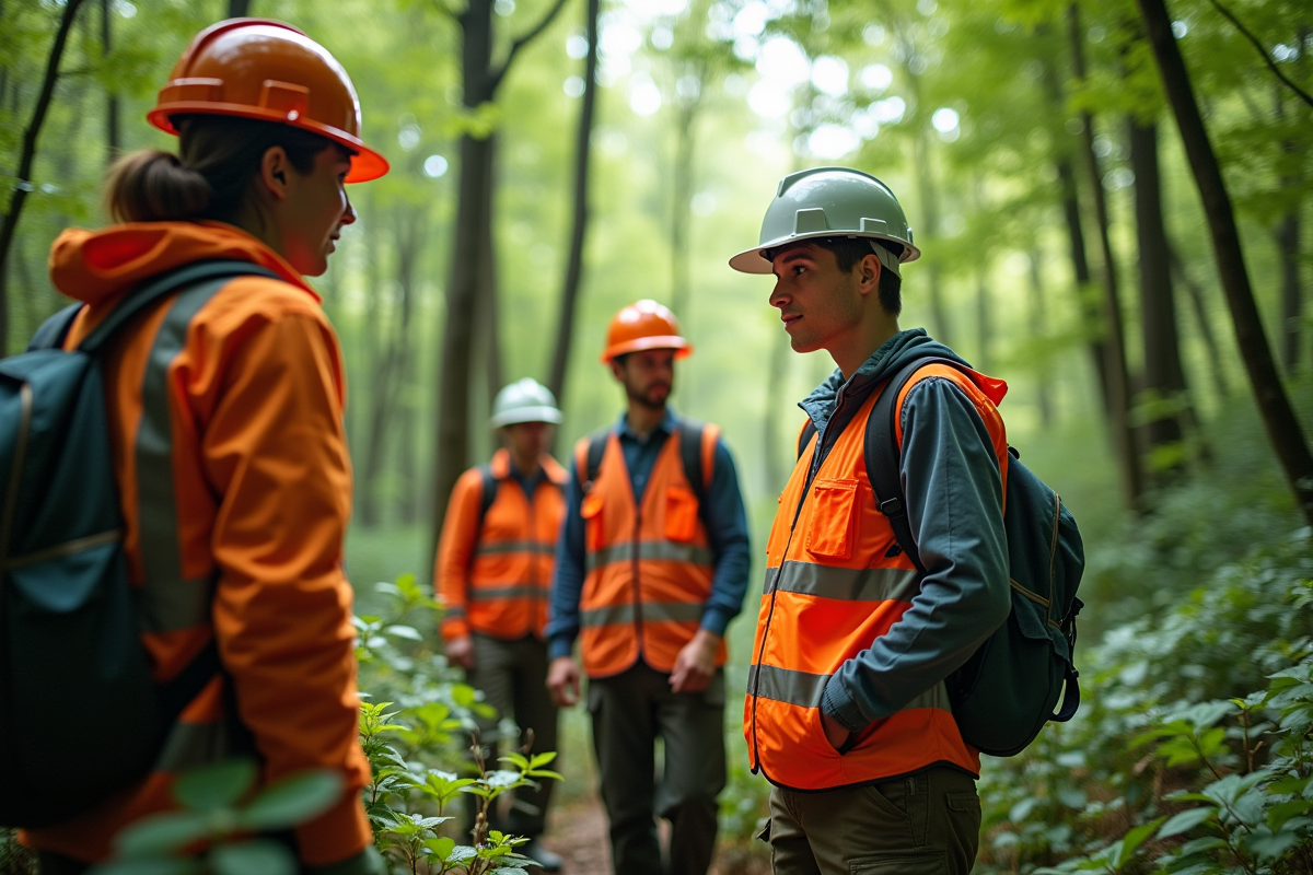 Groupe de professionnels en environnement dans une forêt verte