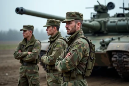 Équipe de soldats en uniforme camouflage près d’un char Leopard 2A