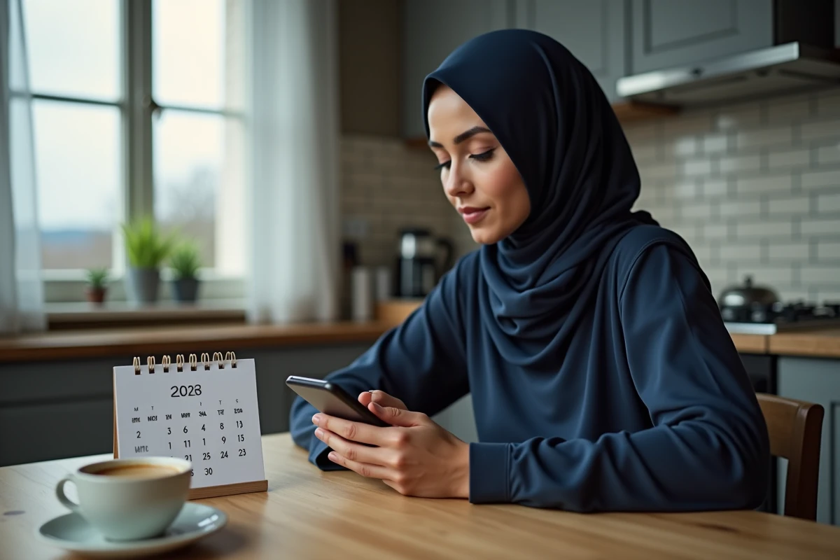 Femme musulmane consultant les horaires de prière 2026 sur smartphone avec calendrier imprimé à Compiègne