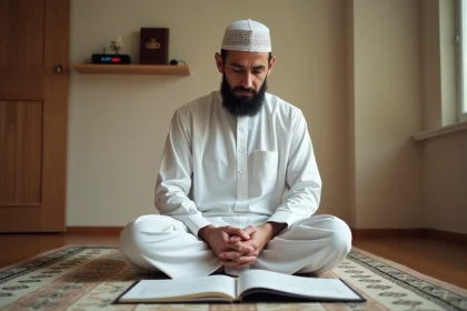 Homme musulman consultant le calendrier des heures de prière annuel 2026 à Compiègne assis sur un tapis de prière