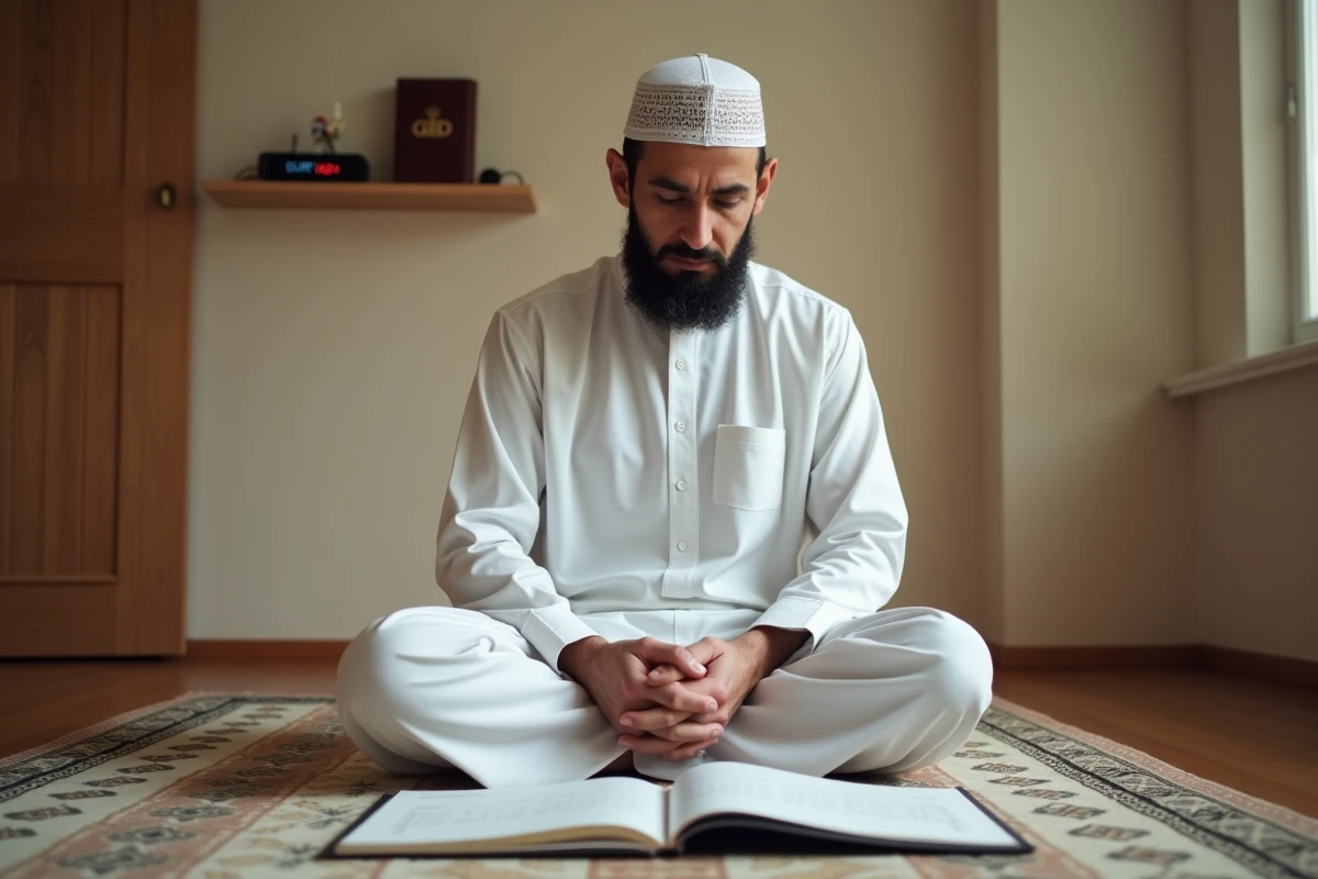 Homme musulman consultant le calendrier des heures de prière annuel 2026 à Compiègne assis sur un tapis de prière