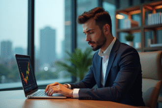 Jeune homme d'affaires examinant des graphiques blockchain