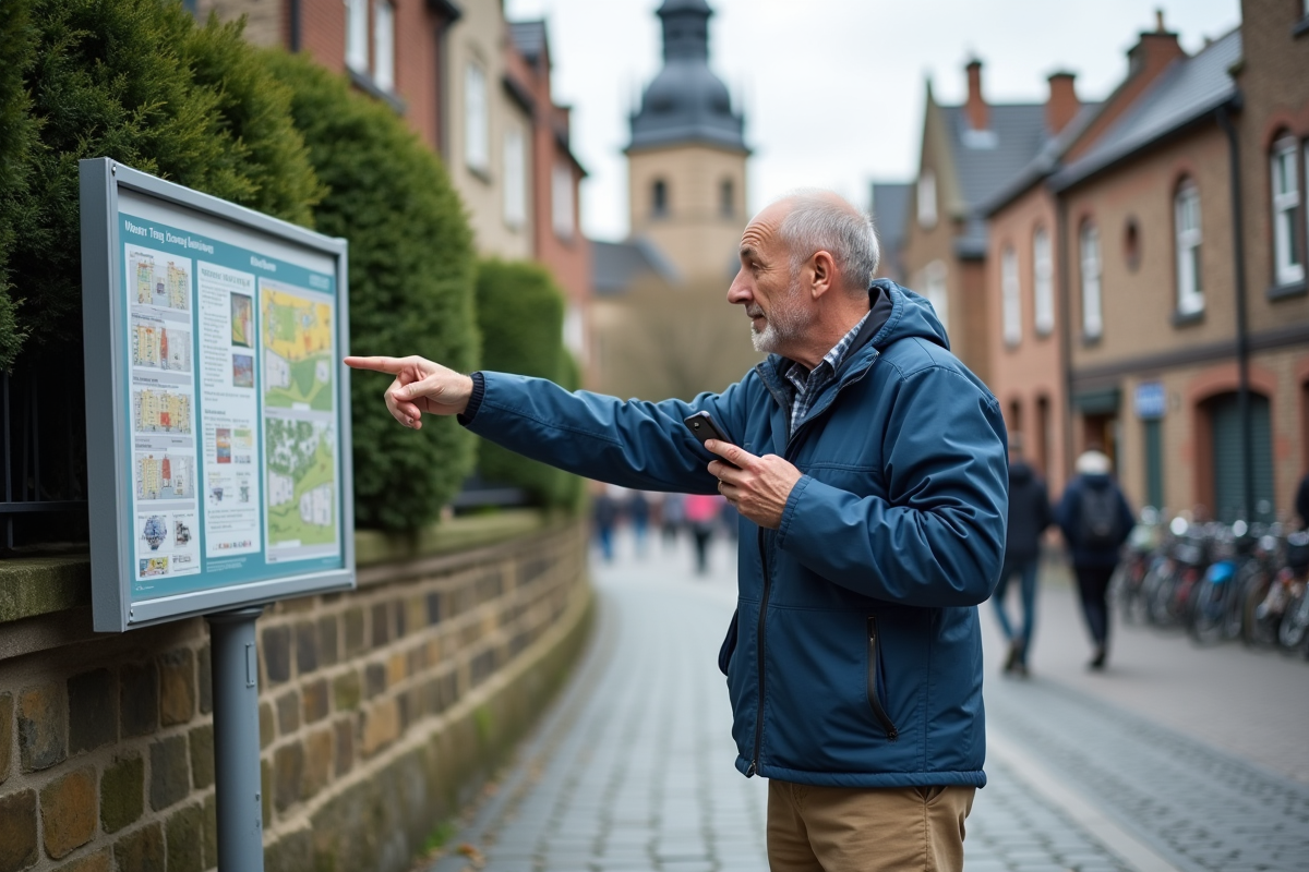 Homme pointant une affiche de zonage dans une place de village