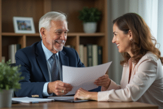 Homme âgé en costume passant un dossier à une femme souriante