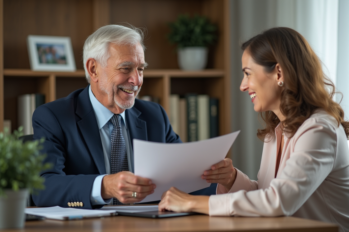 Homme âgé en costume passant un dossier à une femme souriante