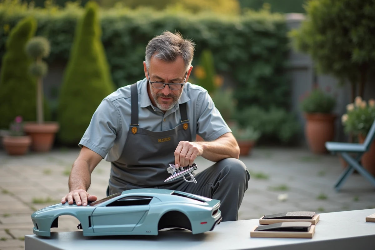 Homme airbrush un modèle de voiture dans un jardin