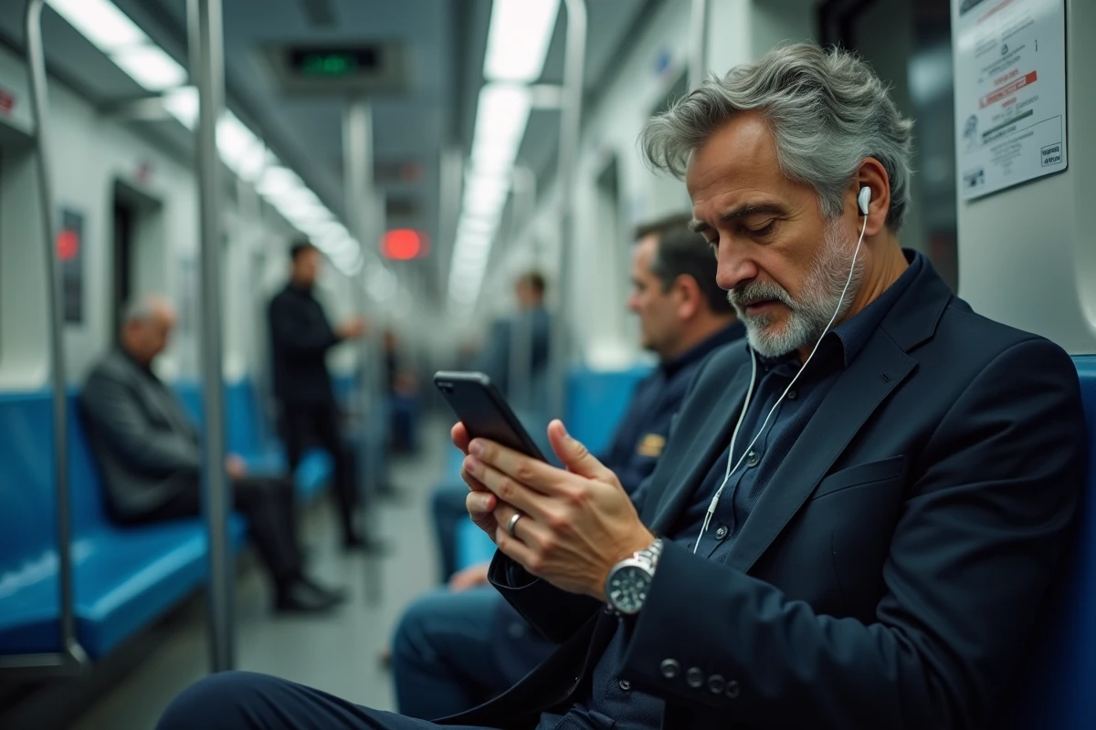 Homme consultant l'application RATP sur smartphone dans une rame de métro parisien pour anticiper le trafic