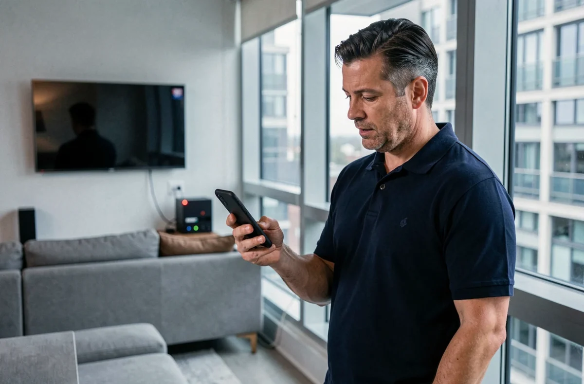 Homme consultant le service client Sosh sur smartphone dans un salon moderne avec box fibre optique visible