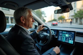 Homme d'âge moyen dans une voiture autonome en ville