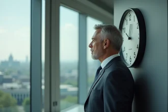 Homme d'affaires regardant une grande horloge dans un bureau à Washington