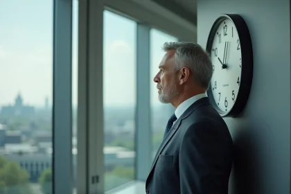 Homme d'affaires regardant une grande horloge dans un bureau à Washington