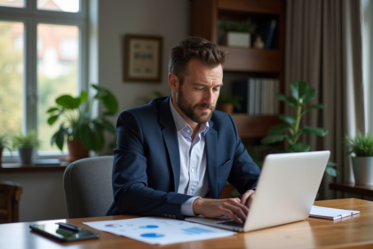 Homme d'affaires en bureau avec ordinateur et livres