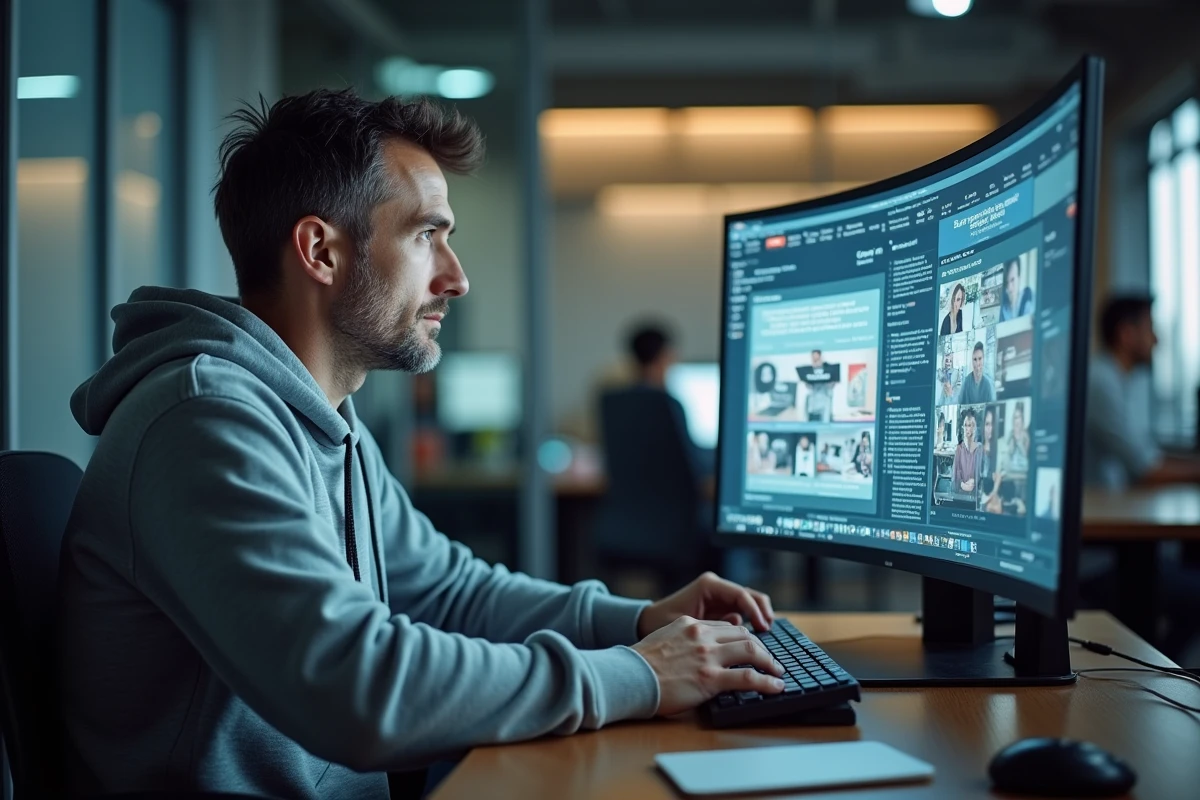 Homme au bureau face à des publicités agressives et des fenêtres intrusives sur son écran d'ordinateur