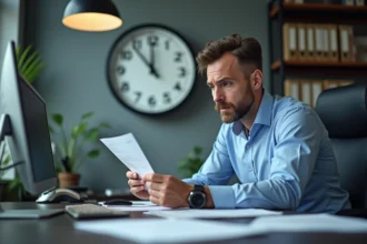 Homme de bureau français vérifiant un document et une horloge centieme