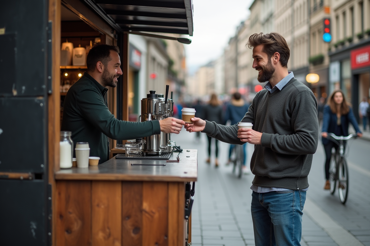 Homme nettoyant un stand de café de rue dans un environnement urbain animé