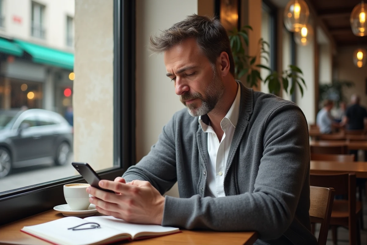 Homme français dans un café lisant des consignes de sécurité