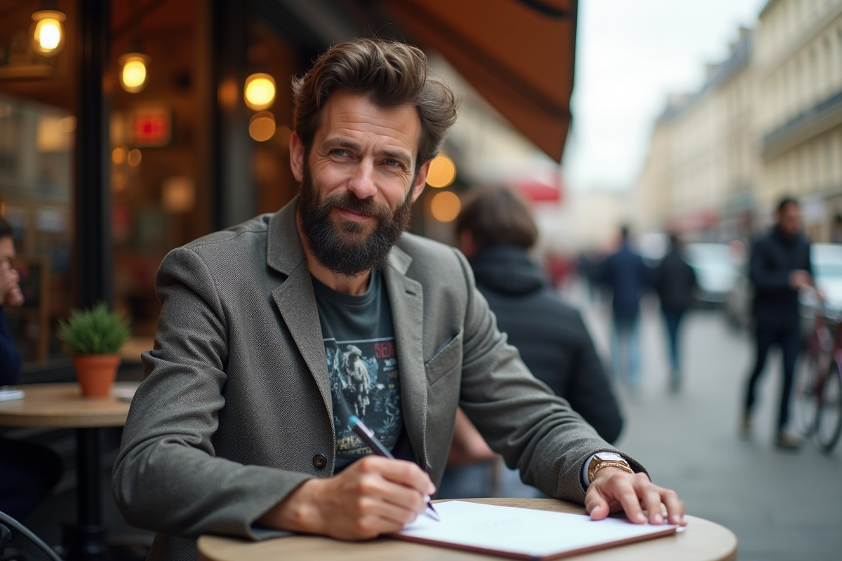 Homme barbu discutant dans un café parisien