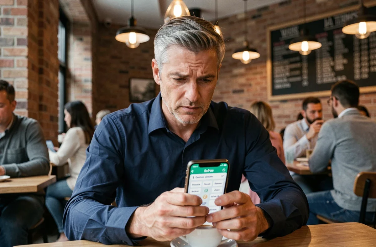 Homme analysant une grille de jeu Pedantix sur smartphone dans un café, illustrant les techniques de déduction expertes