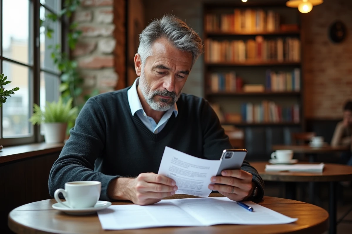 Homme lisant traduction au café avec téléphone