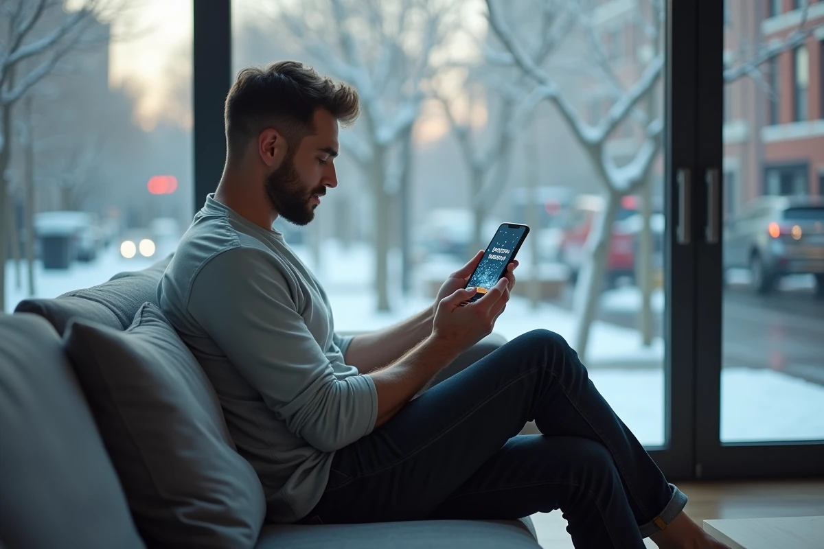 Homme tenant un smartphone affichant une carte vidéo de vœux animée dans un salon moderne et épuré