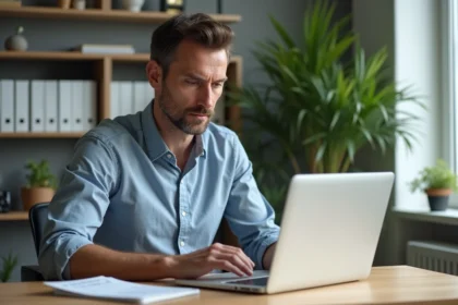 Homme d'âge moyen analysant des graphiques d'énergie dans un bureau lumineux