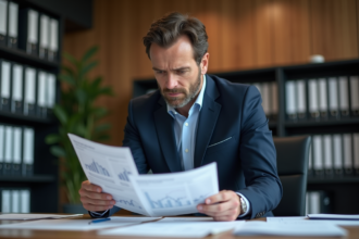 Homme d'affaires en costume analysant des graphiques financiers