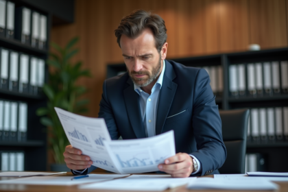 Homme d'affaires en costume analysant des graphiques financiers